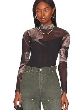 AllSaints Elia Iris Black Sheer Floral-Print Mock Neck Bodysuit